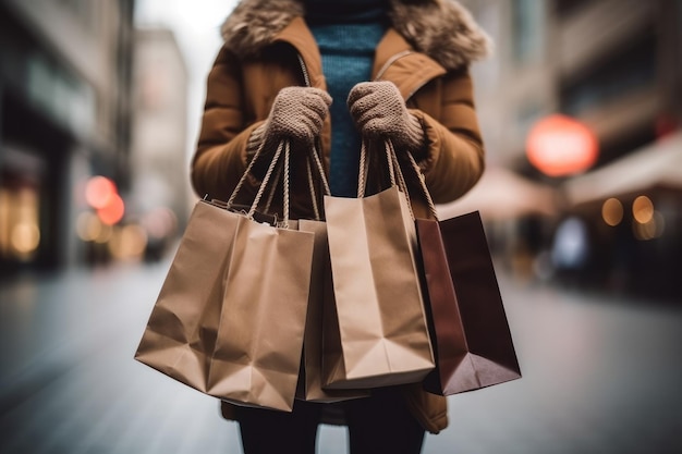 Woman with shopping bags walking on street Generative AI