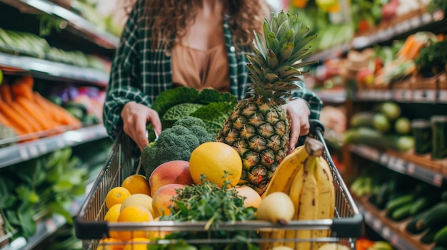 Woman with a shopping cart full of healthy food items in an organic store