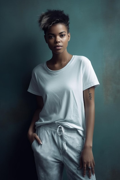 A woman with a short afro wearing a white shirt with the word love on it.