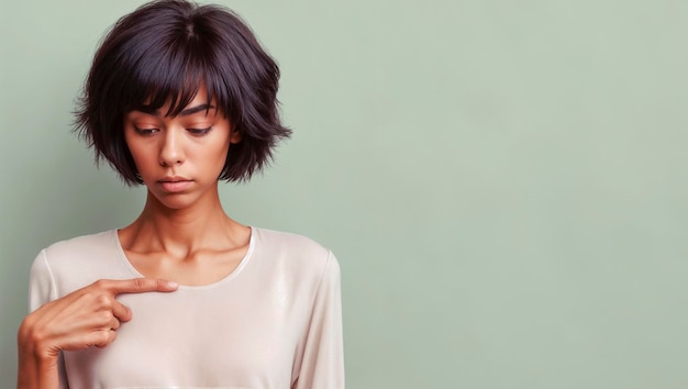 a woman with short black hair and a white shirt