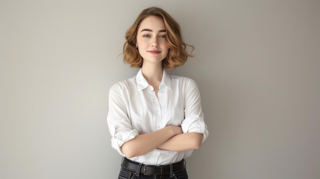 woman with short blonde hair and a confident smile is wearing a white shirt and stands with her arms crossed against a light grey background