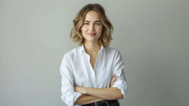 Photo woman with short blonde hair and a confident smile is wearing a white shirt and stands with her arms crossed against a light grey background