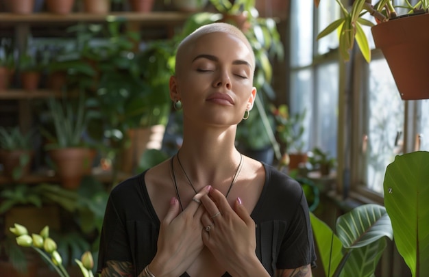 Photo woman with short blonde hair and shaved head eyes closed in serene breathing pose