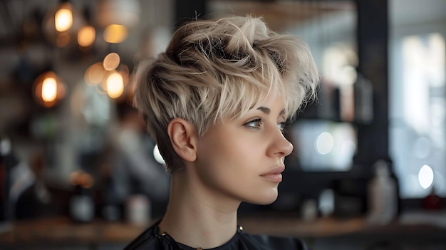 Photo a woman with short blonde hair stands in front of a bar