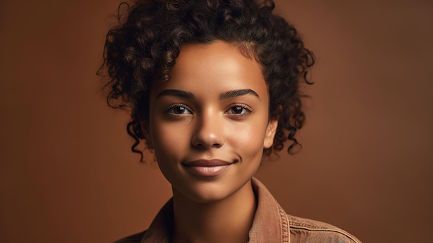 A woman with short curly hair and a brown jacket stands in front of a brown background.