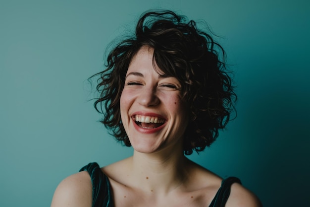 A woman with short curly hair laughing