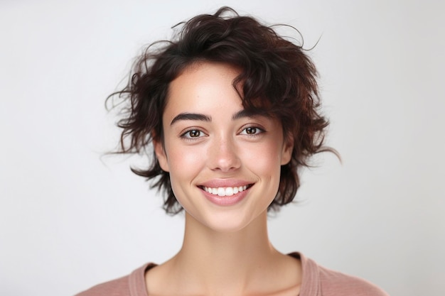 A woman with short curly hair smiles at the camera.