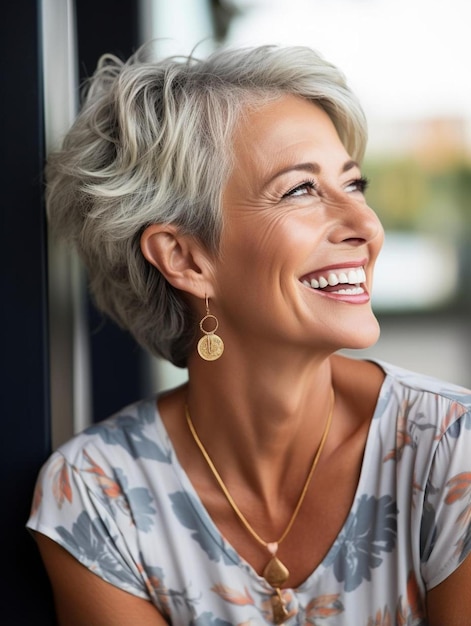 a woman with short gray hair and a gold necklace