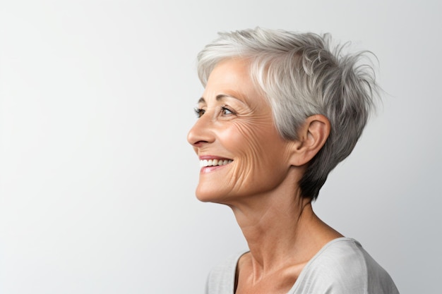 a woman with a short gray hair smiling