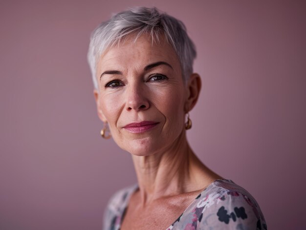 A woman with short grey hair posing for the camera