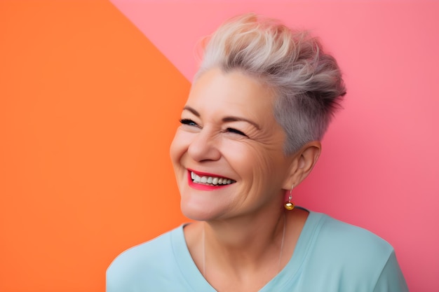 A woman with short grey hair smiles in front of a colorful background.