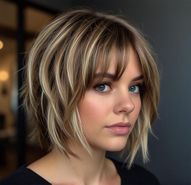 Photo a woman with short hair and a black top is wearing a black top with a white trim