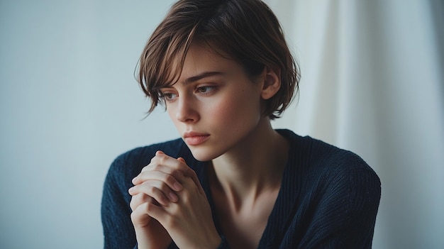 Photo a woman with short hair and a blue shirt is sitting in front of a white wall