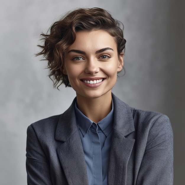 A woman with short hair and a blue shirt is smiling.