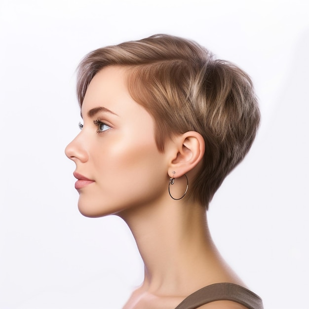 A woman with short hair and a brown tank top.