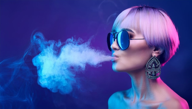 Photo woman with short hair in neon lights exhaling vapor