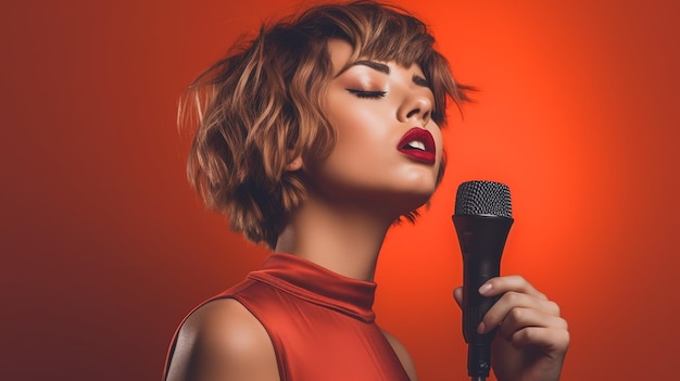 A woman with short hair and a red dress is singing into a microphone.