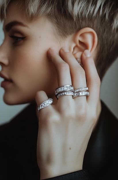 A woman with short hair and a ring that says quot engagement quot