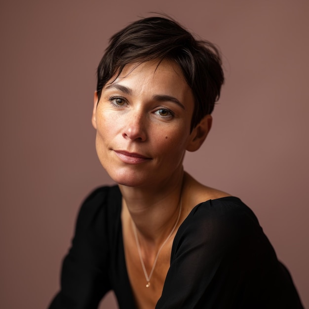 A woman with short hair sitting in front of a brown background