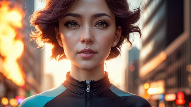 A woman with short hair stands in a city street.