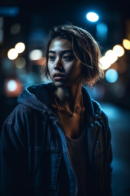 A woman with short hair stands in a dark street with lights in the background.