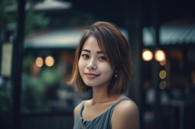 A woman with short hair stands in front of a restaurant.