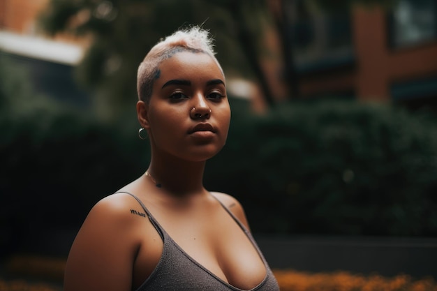 A woman with short hair stands in front of a tree and wears a tank top.