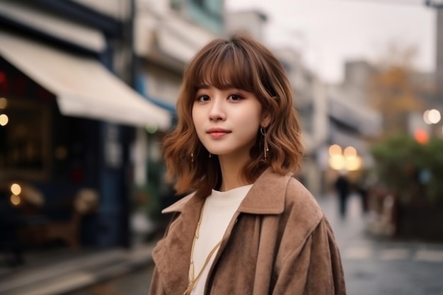 A woman with short hair stands in the street in front of a store.