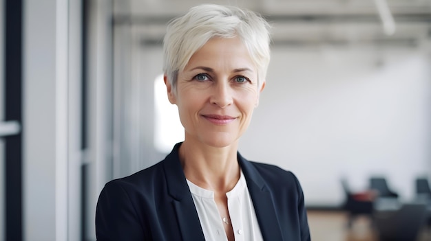 A woman with short hair stands in a white room with a white wall behind her.