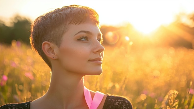 Photo a woman with short hair a symbol of her battle with breast cancer standing confidently in a sunlit field with a pink ribbon tied around her wrist the scene is filled with bright natural light and