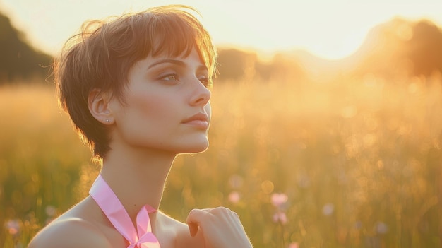 Photo a woman with short hair a symbol of her battle with breast cancer standing confidently in a sunlit field with a pink ribbon tied around her wrist the scene is filled with bright natural light and