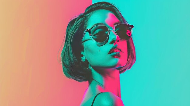 Photo woman with short hair wearing sunglasses with pink and blue lighting