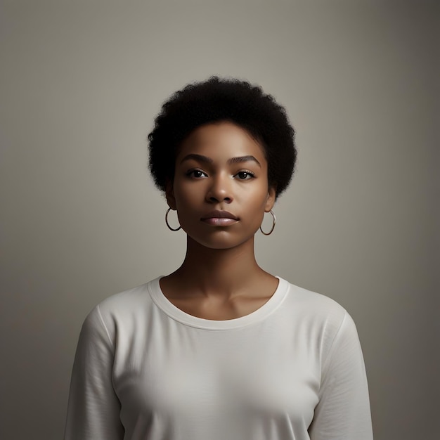 a woman with short hair and a white shirt is standing in front of a gray background