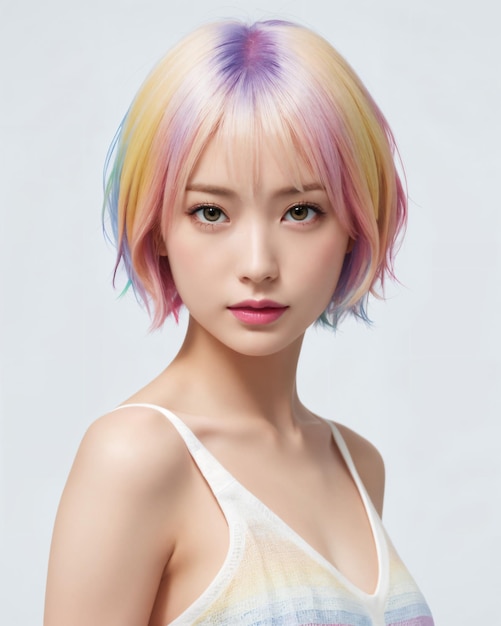 A woman with short hair with rainbow colored hair