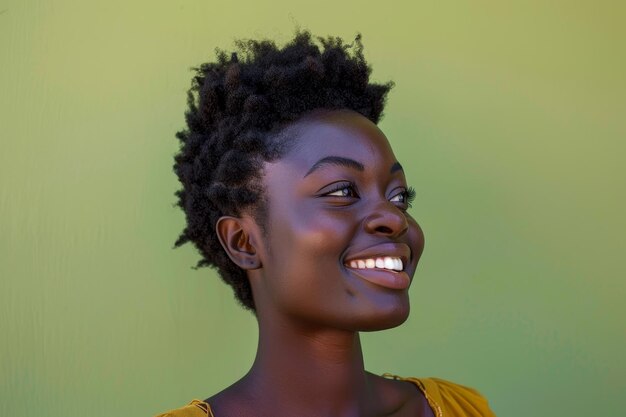 A woman with short hair and a yellow shirt is smiling