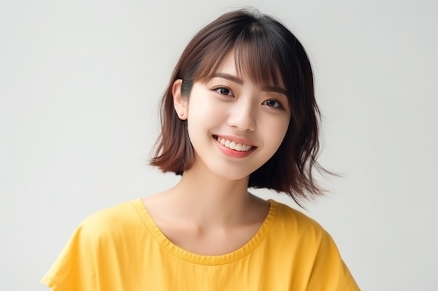 A woman with short hair and a yellow top smiles and smiles.