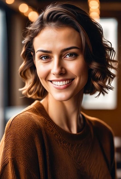 A woman with a short haircut and a brown sweater is smiling