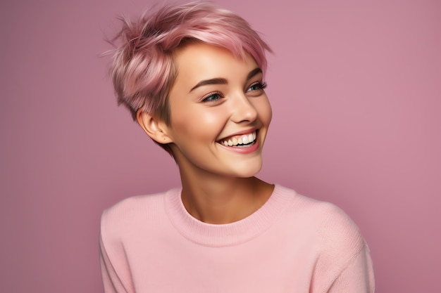 A woman with short pink hair smiles at the camera