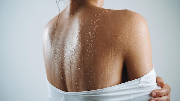 a woman with a shower curtain on her back