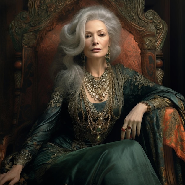 a woman with silver hair sits in a chair with a gold necklace.