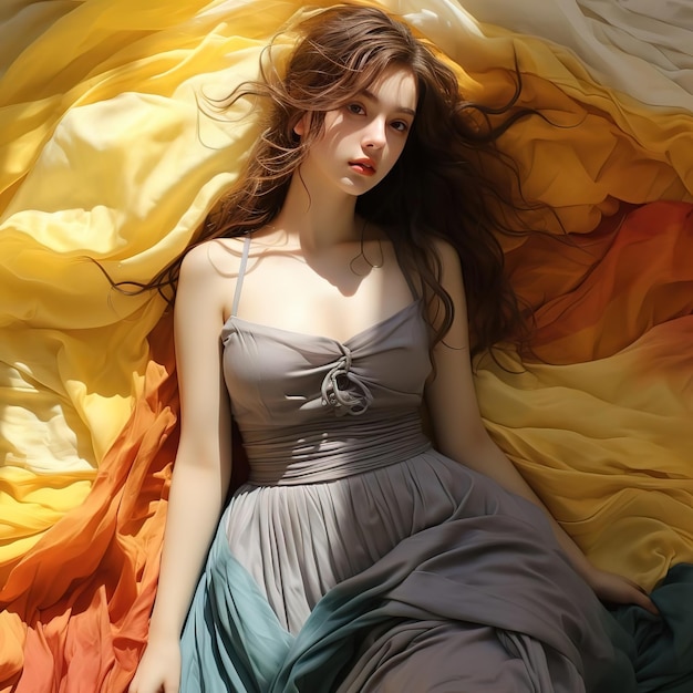 a woman with a silver heart on her neck is laying on a colorful blanket