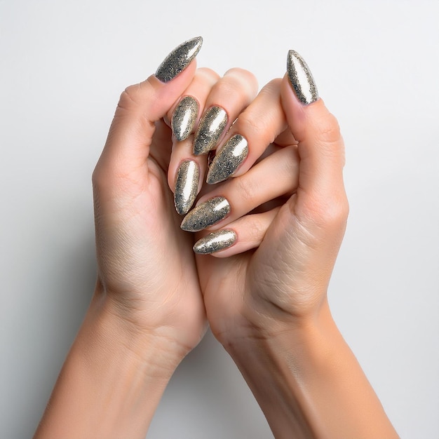 a woman with silver nails that has silver glitter on it