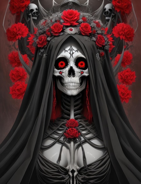 A woman with a skeleton face and red roses on her head.