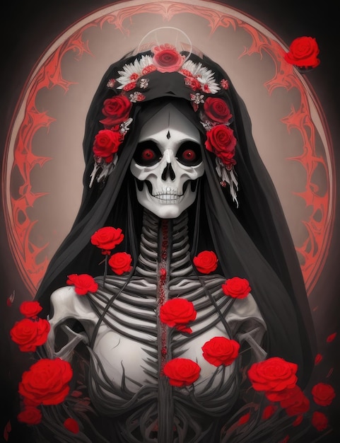 A woman with a skeleton wearing a veil and roses on her head.