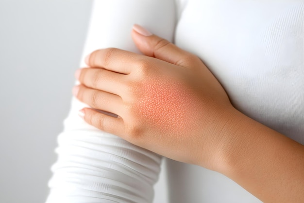 Woman with skin diseases Red spot or rash of skin on womans hand Itchy hives Pele virus eczema