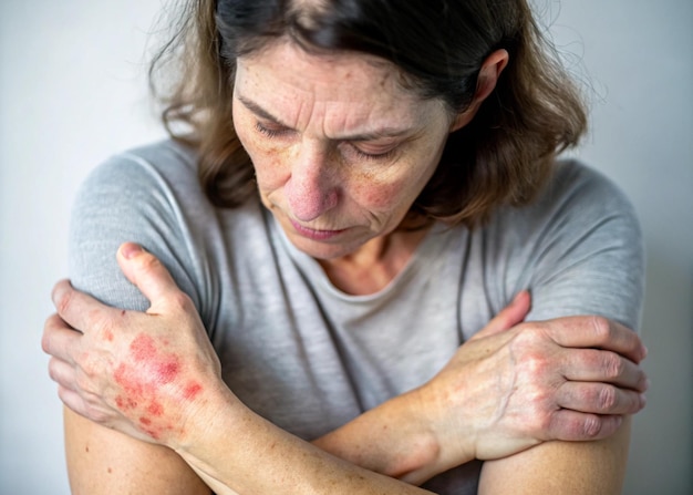 Photo a woman with a skin disorder of atopic dermatitis eczema on elbow