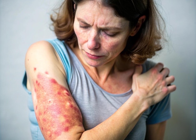 Photo a woman with a skin disorder of atopic dermatitis eczema on elbow