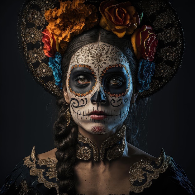 A woman with a skull face painted in blue and yellow