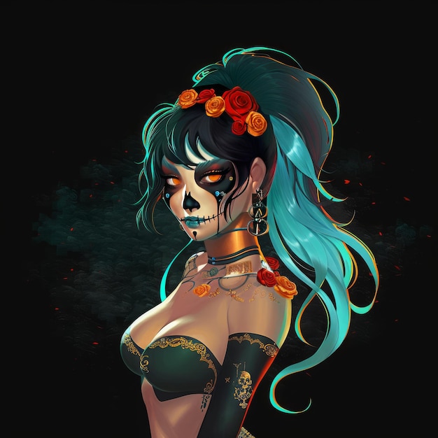 a woman with a skull and flowers on her chest is shown