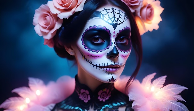 Photo a woman with a skull and flowers on her face is wearing a skull mask